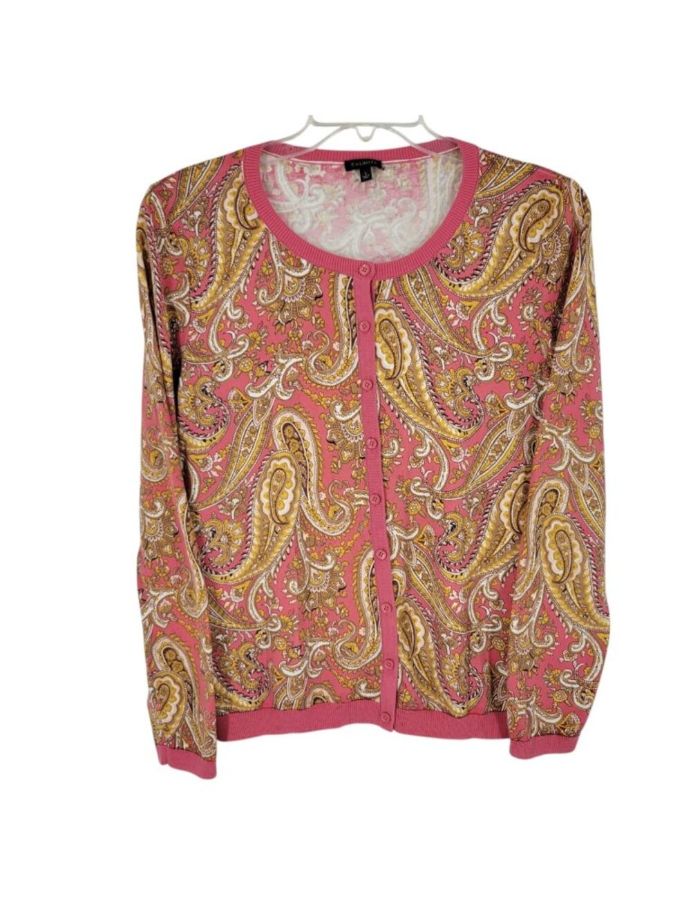 Talbots L Paisley Print Cardigan Sweater Pink Cotton Blend Boho Retro Preppy